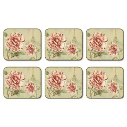 Jason Vintage Bloom coasters, pink floral and Paris themed design with retro beige background