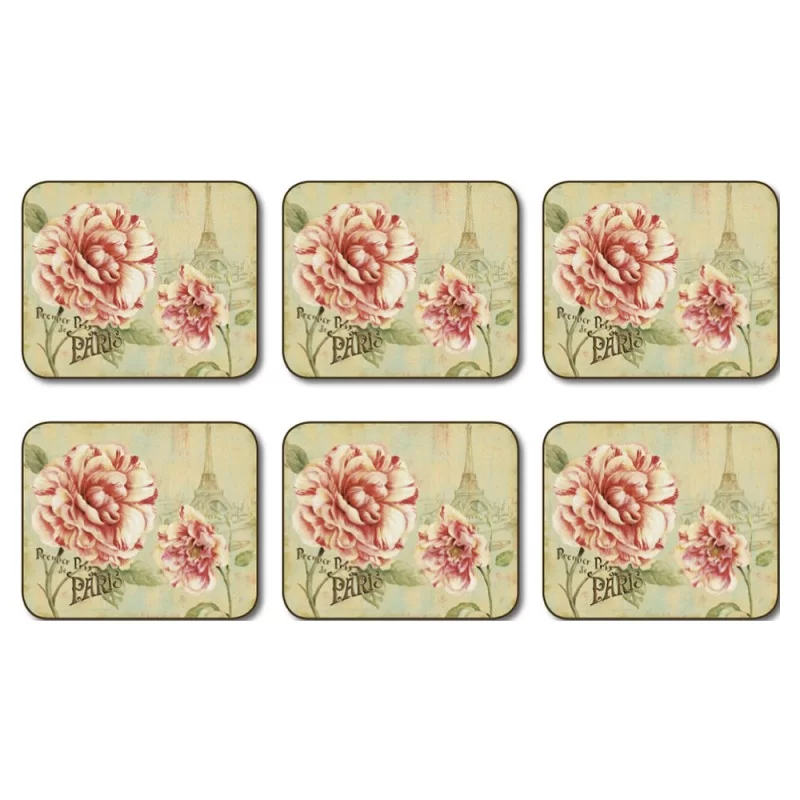 Jason Vintage Bloom coasters, pink floral and Paris themed design with retro beige background