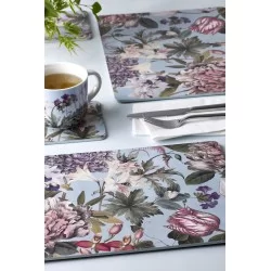Setting of the Kew Gardens table mats Bee Floral pattern with cup of tea