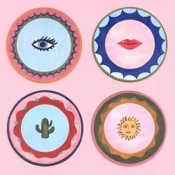 Eleanor Bowmer Electric Coast Icon round placemats, eyes, lips, cacti, sun assorted designs