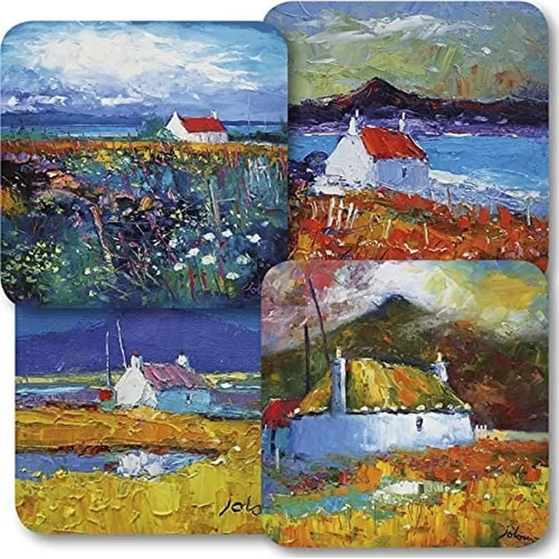 JoLoMo 4 Croftscape melamine coasters - different Scottish islands views