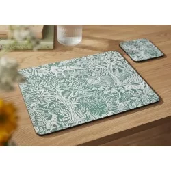 Green Pimpernel Tapestry Sage placemat and coaster on table