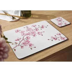 Pimpernel placemat and coaster on table Pink Blossom design