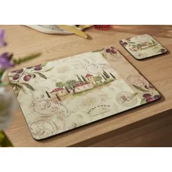 Olive Orchard Pimpernel tablemat and coaster on table