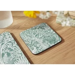 Green Tapestry Sage Pimpernel coaster on wooden table