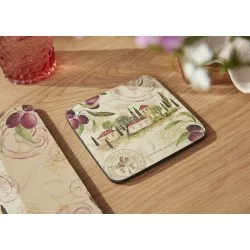 Lifestyle tabletop view of Olive Orchard coasters by Pimpernel