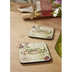 Olive Orchard coasters by Pimpernel on a wooden table