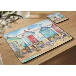 Pimpernel Beach Huts placemat on wooden table with coaster