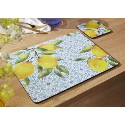 Pimpernel Amalfi Lemons tablemat and coaster on wooden table