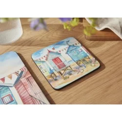 Beach Huts Pimpernel coasters on wooden table