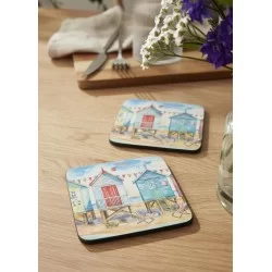 Lifestyle view of Beach Huts Pimpernel coasters on table