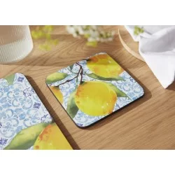 Yellow Amalfi Lemons drinks coasters by Pimpernel on wooden table