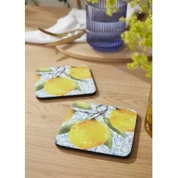 Lifestyle view of Amalfi Lemons drinks coasters by Pimpernel on wooden table