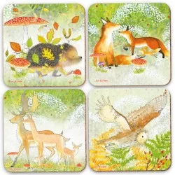 4 assorted Wildlife coasters by Eric Heyman, hedgehog, foxes, deer and owl designs