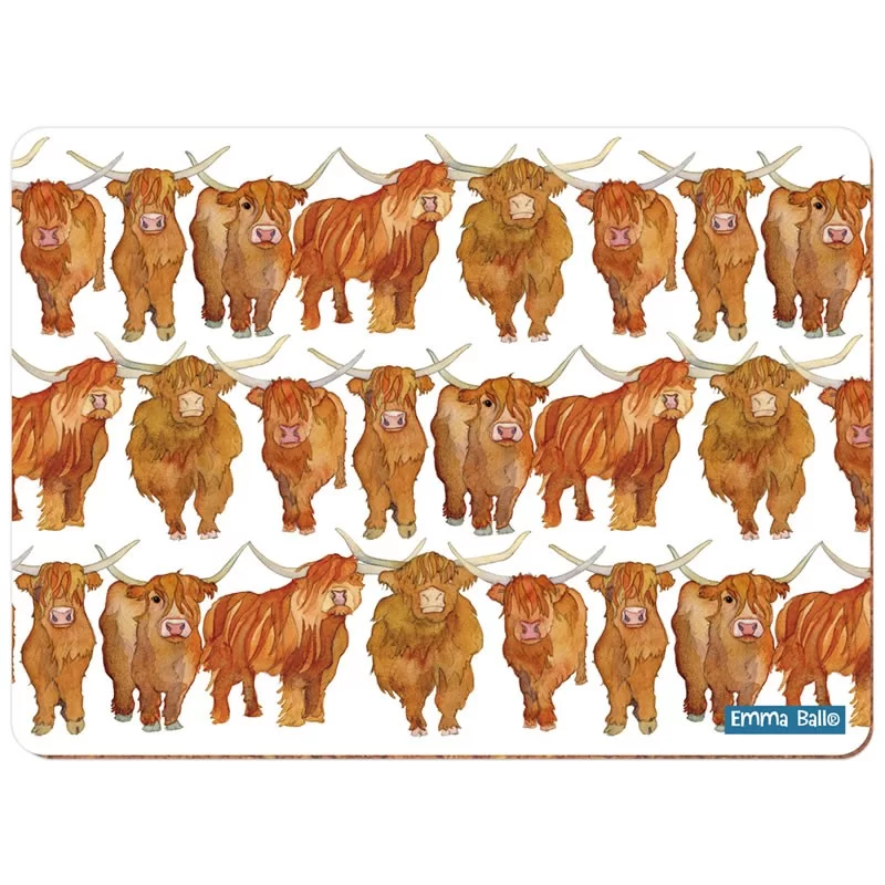 Repeating Highland Coo cow place mats by Emma Ball
