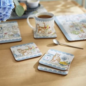 Ulster Weavers Pantry Cats coasters on table with mug