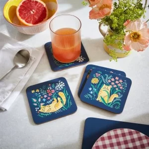 Marmalade Meadow cat Coasters by Ulster Weavers on table with fruit juice