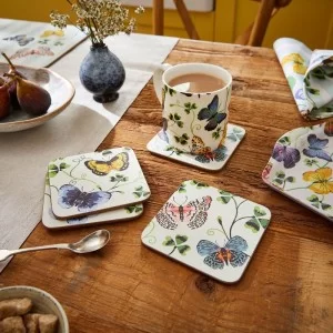 Ulster Weavers Butterfly Grove Coasters on dining table with tea mug