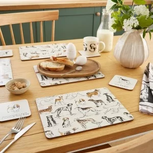 Country Dogs coasters by Ulster Weavers on dining table with placemats