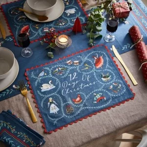 Set of 2 blue cotton placemats 12 Days of Christmas on dining table