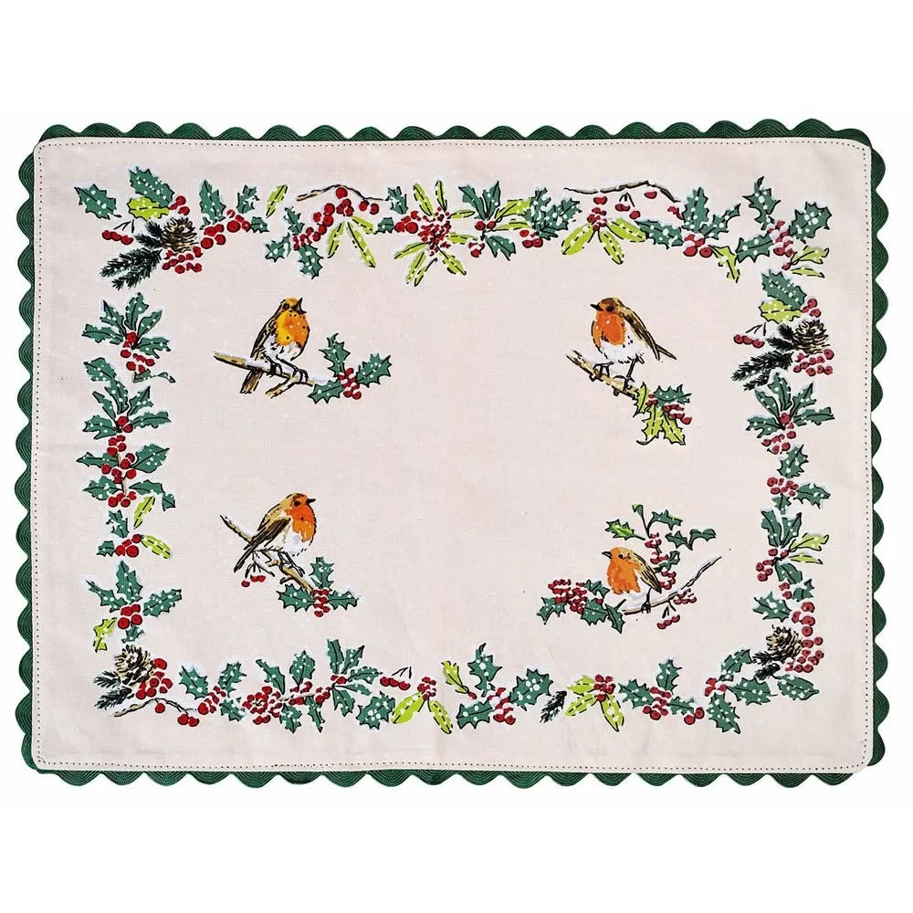 Christmas Robins Cotton Placemat white with birds